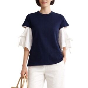 English Factory Navy Blue Puff Sleeve Tie Top Women Small F12156